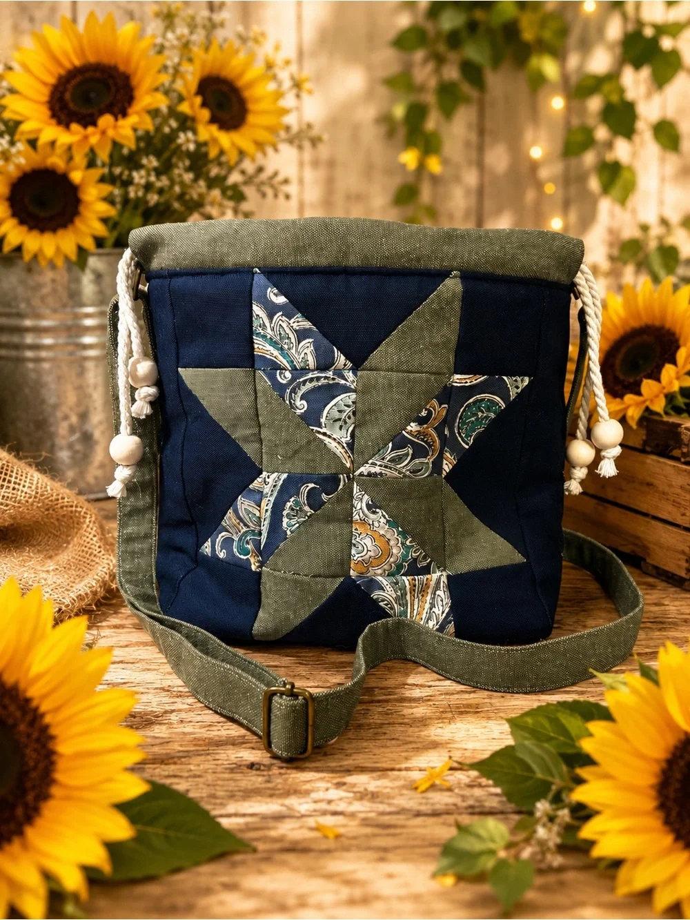 Navy and Olive Star Patch Crossbody Bag